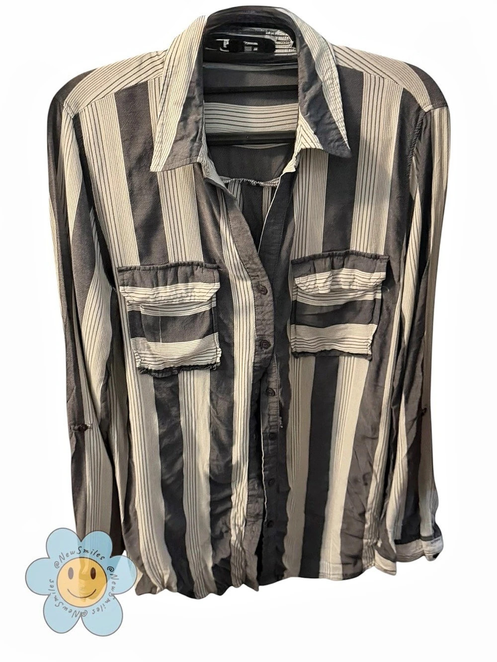 mine by Anthropologie ~ Striped Shirt ~ Long Sleeves w/ 3/4 Option ~Grays & Blue